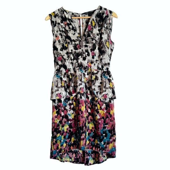 BCBGMaxAzria Amalia Silk Peplum Dress 8 Multicolor Abstract Print Gallery Chic - Picture 3 of 12